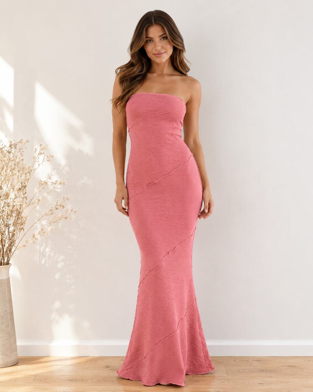 Pink Strapless Textured Maxi Dress Bodycon Mermaid Raw Seam Tube Dress
